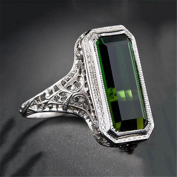 Anillos de boda, anillo de piedra verde Vintage, anillo rectangular de Color plateado, patrón hueco elegante para mujer, joyería de compromiso F3N543Wedding