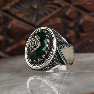 Anneaux de mariage Vintage motif gravé à la main, chevalière turque pour hommes, ensemble de mode, pierre verte, bijoux musulmans islamiques