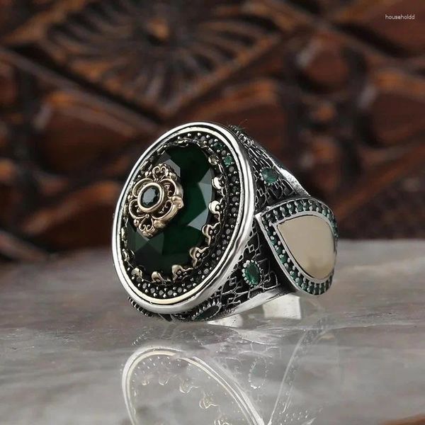 Anillos de boda Vintage Patrón grabado a mano Anillo de sello turco para hombres Conjunto de moda Sello de piedra verde Joyería musulmana islámica