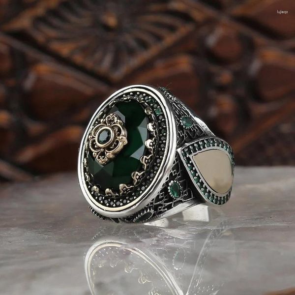 Anillos de boda Vintage Mano Grabado Patrón Anillo de sello turco para hombres Conjunto de moda Piedra verde Joyería musulmana islámica