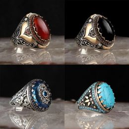 Wedding Rings Vintage Handmade gesneden Turkse Signet voor mannen ingelegd Red Black Zirkon Stone Trendy Islamitische religieuze moslimjuwelen258m