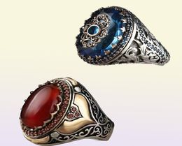 Anillos de boda Vintage hecho a mano tallado sello turco para hombres con incrustaciones rojo negro circón piedra de moda joyería musulmana religiosa islámica 5690315