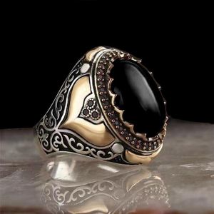 Anneaux de mariage Vintage fait à la main sculpté chevalière turque pour hommes incrusté de pierre de Zircon rouge noir à la mode islamique religieux musulman bijoux235k