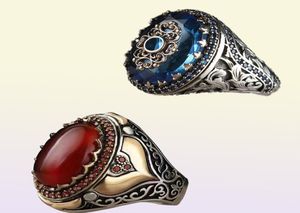 Wedding Rings Vintage Handmade gesneden Turkse zegel voor mannen ingelegd Red Black Zirkon Stone Trendy Islamitische religieuze moslimjuwelen2436543