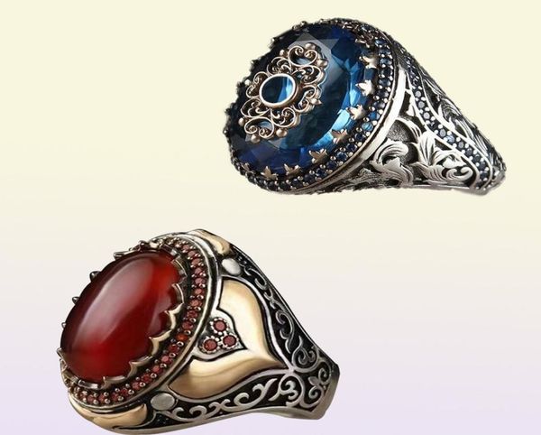 Anneaux de mariage Vintage à la main sculpté chevalière turque pour hommes incrusté rouge noir Zircon pierre à la mode islamique religieux musulman bijoux5690315