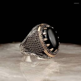 Anillos de boda Vintage Hecho a mano Sello turco para hombres Metal Dos tonos Tallado Negro Zircon Punk Motor Biker Anillo Joyería