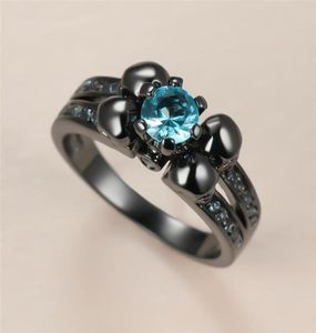 Trouwringen Vintage Mannelijke Vrouwelijke Aqua Blue Crystal Ring Zwart Goud Schedel Voor Vrouwen Punk Ronde Zirkoon Engagement3502260