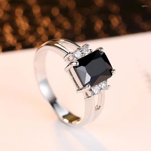 Anneaux de mariage Vintage mâle femelle noir carré pierre anneau mode argent couleur bande cristal promesse fiançailles pour hommes et femmes