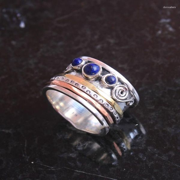 Anillos de boda Vintage Redondo Azul Piedra Boho Anillo Clásico Tricolor Metal Espiral para Mujeres Joyería 2023