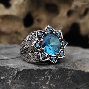 Anneaux de mariage Vintage rond incrusté de Zircon bleu de mer, bague pour hommes, couleur argent, motif de sculpture en métal, bijoux Ottoman