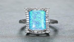 Wedding Rings Vintage Silver Color Ring Big Rectangle Stone Betrokkenheid Schattig vrouwelijk wit blauw vuur opaal voor vrouwen sieraden2242562