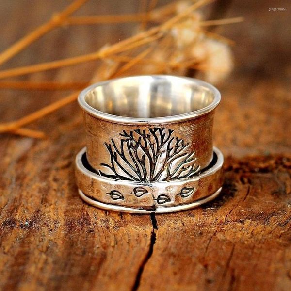 Anillos de boda Vintage árbol de la vida señoras niñas Boho hoja patrón apilable dedo Anti estrés ansiedad compromiso joyería