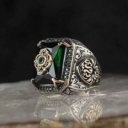 Anneaux de mariage anneau de marque turque vintage pour hommes femmes antique couleurs argentées anneau aigle enracinée en verdure verte zircon locomotive punk anneaux