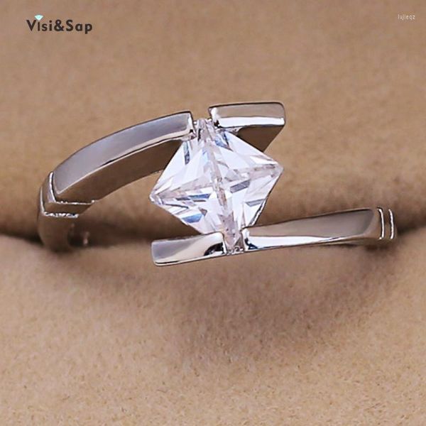 Anneaux de mariage Visisap or blanc couleur carré Zircon fiançailles pour les femmes mode bijoux goutte anneau fournisseur B2610