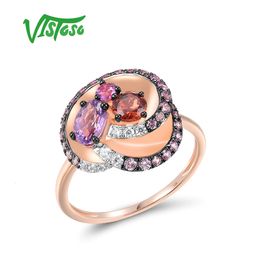 Wedding Rings Vistoso Real 14K 585 Rose Gold Ring For Women Sparkling Diamond Multi-Color Gems Cluster Party Wedding Delicate Fine Jewelry 231219