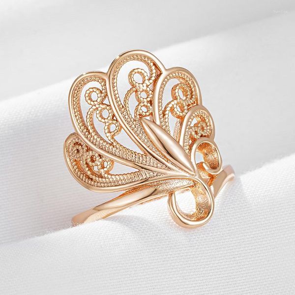 Anillos de boda Wbmqda 585, Color oro rosa, anillo con forma de pluma de pavo real brillante para mujer, moda Floral exquisita, elegante étnico