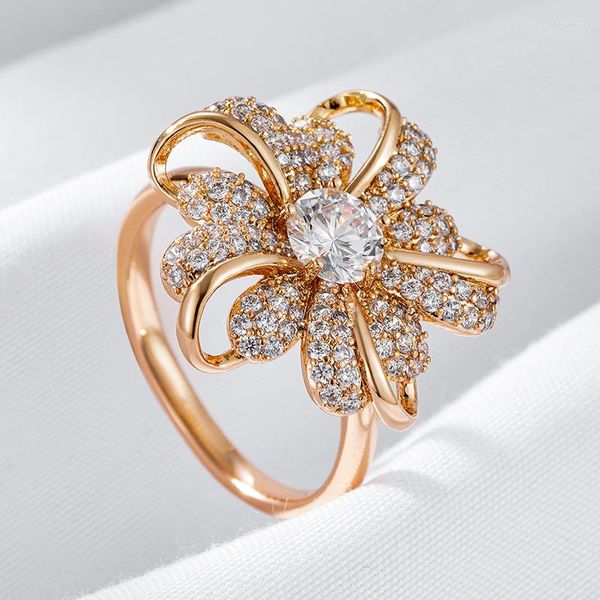 Anillos de boda Wbmqda, anillo de flor de cristal de lujo para mujer, Color oro rosa 585, ajuste de circonita Natural, joyería fina de compromiso étnico