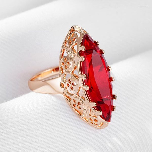 Wbmqda Luxe Rouge Zircon Naturel Anneau Pour Les Femmes 585 Or Rose Couleur Boho Ethnique Accessoires Vintage Party Fine Jewelry