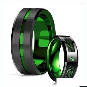 Anneaux De Mariage Anneaux De Mariage 8Mm Noir Tungstène Celtique Dragon Hommes Anneau Incrusté Vert Zircon Punk Acier Inoxydable Fibre De Carbone Ringswedd Dhblk