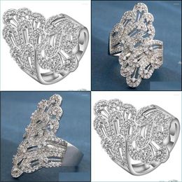 Wedding Rings Wedding Rings Beautif Micro Pave Zirkon Flower sieraden Sier Goud gevuld Big Hollow Design Dames Custom Ring Drop Deli Dhyxr