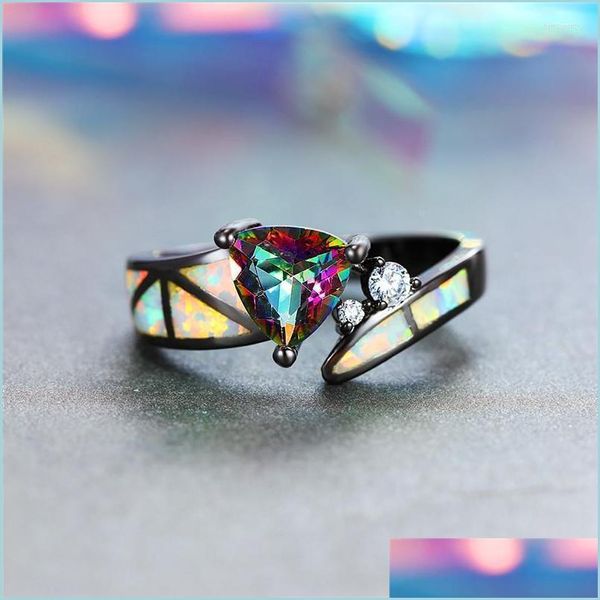 Anneaux de mariage Anneaux de mariage Charme Femelle Rainbow Colorf Triangle Bague Vintage Noir Or Pour Femmes Promesse Blanc Opale De Feu Engagemen Dhluj