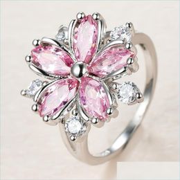 Trouwringen Weddingringen Leuke vrouwelijke roze kristallen stenen ring Charm sier kleur dun voor vrouwen sierlijke bruid bloem zirkoon engagemen dhz1c