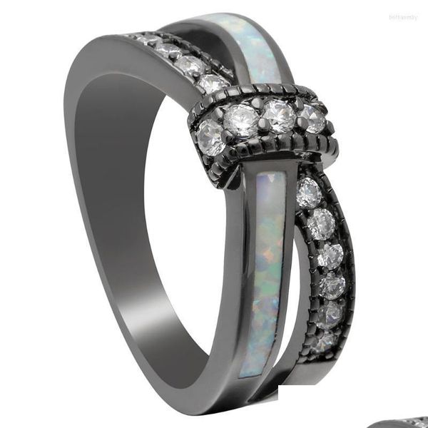 Anneaux de mariage Anneaux de mariage Hainon Mystic Rainbow White Fire Opal pour femmes Black Gold Filled Party Bague Élégant Vintage Jewe Dhzvh