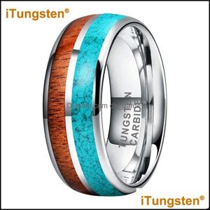 Wedding Rings Wedding Rings Itungsten 8mm Drop Tungsten Carbide Ring For Men Women Engagement Band Blue-Turquoise Koa Wood Inlay Comf Dhosi