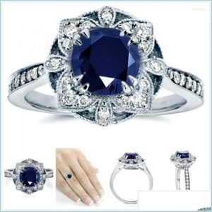 Anéis de casamento anéis de casamento flor de luxo para mulheres moda jóias brilhante azul zircão cúbico estrela noivado feminino anel presente casamento b dhxsb