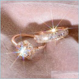 Anillos de boda Anillos de boda Ramos Mujer 925 Sier Color Crystal Zircon Ring Set Vintage Rose Gold para mujer Flor Compromiso nupcial Dh6Sf