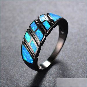 Anneaux de mariage Anneaux de mariage Style unique femme bleu opale de feu anneau de mode 14Kt or noir pour les femmes promettent petite croix de fiançailles Dhife