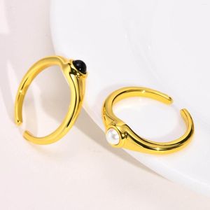 Wedding Rings Wit/Black Agate Pearl Opening Ring For Women Simple Cool Fashion Black Stone Sieraden Valentijnsdag Gift