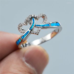 Anneaux de mariage blanc bleu opale de feu Double coeur croix pour les femmes Vintage mode argent couleur bague de fiançailles Couples bijoux