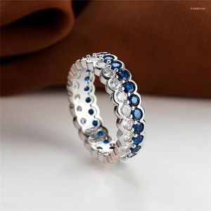Anneaux de mariage blanc bleu Zircon rond pierre anneau femme luxe cristal fiançailles Vintage couleur argent pour les femmes