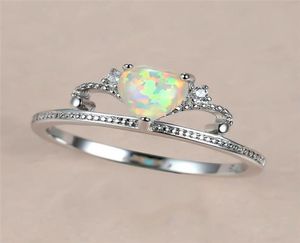 Wedding Rings White Fire Opal Charm Hart Stone Koningin Kroonring Vintage Silver Color Classic Crystal Engagement For Women7421915