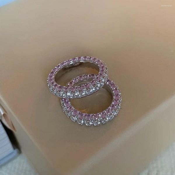 Anillos de boda blanco rosa CZ Eternity Band Ring para mujer dedo completo Cubic Zirconia pavimentado bandas de compromiso apilables