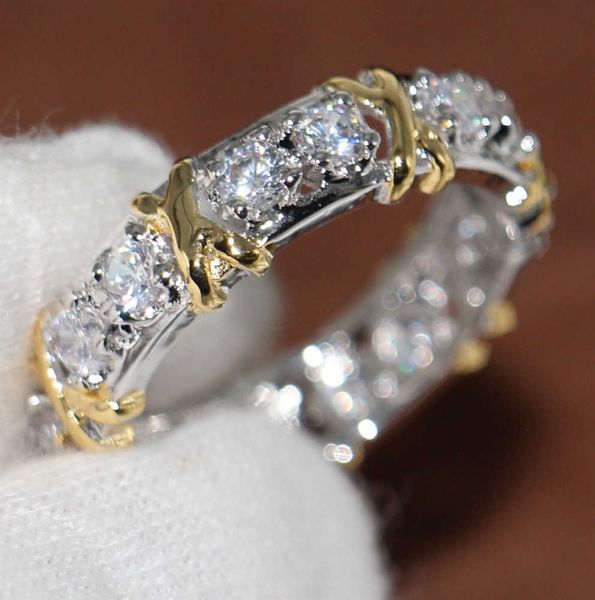 Anneaux de mariage en gros professionnel éternité Diamonique CZ diamant simulé 10KT or blanc jaune rempli bande conception de flux de marée croisée 785ess