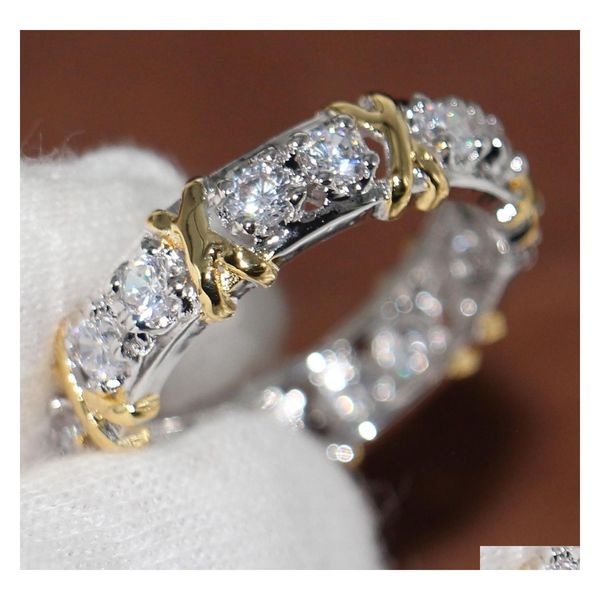 Anillos de boda Venta al por mayor Eternidad profesional Diamonique CZ Simated Diamond 10kt Blanco Amarillo Oro Banda llena Anillo cruzado Tamaño 511 D Dhak1