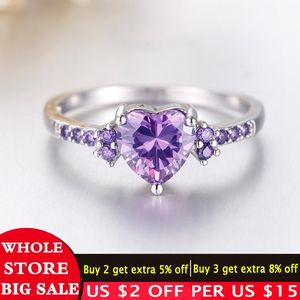 Trouwringen met certificaat Tibetaans zilveren S925 Fashion Women Sieraden Leuk hartontwerp Purple Crystl Amethyst Ringwedding