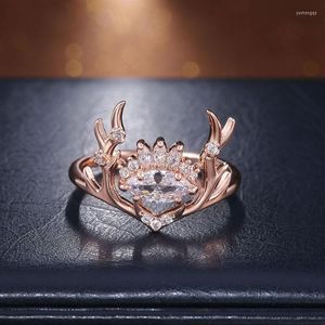 Anillos de boda para mujer, bonitos cuernos de alce, precioso oro rosa, matrimonio nupcial, cristal brillante CZ, tendencia de compromiso, joyería femenina