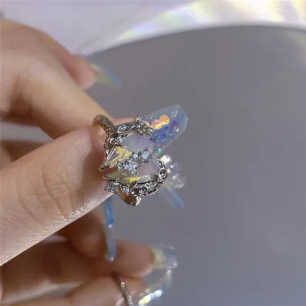 Anillos de boda Y2K Conjunto de goteo de aceite Kpop Geométrico Cristal Corazón Ángulo Accesorios Joyería de piedra lunar para mujeres Lindo