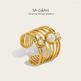 Anneaux de mariage YACHAN 18K plaqué or en acier inoxydable pour femmes Vintage luxe perle esthétique large anneau bijoux imperméables