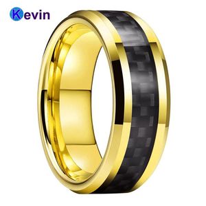 Anneaux de mariage bande de tungstène en or jaune pour hommes femmes avec incrustation en fibre de carbone noire 8MM Comfort Fit