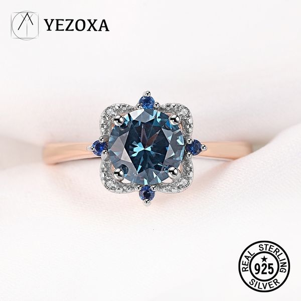 Anneaux de mariage YEZOXA créé spinelle bleue 14K plaqué or rose 925 bague halo en argent sterling pour les femmes taille 5 6 7 8 9 230920