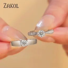 Bagues de mariage zakol exquise brillant cristal cz couple de fiançailles ensemble de bijoux de bande de couleurs de couleurs bouffées pour femmes