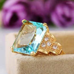 Anillos de boda ZHOUYANG, anillo para mujer, lujo, Color dorado claro, circón azul en los dedos, regalo de joyería, accesorios al por mayor KBR41