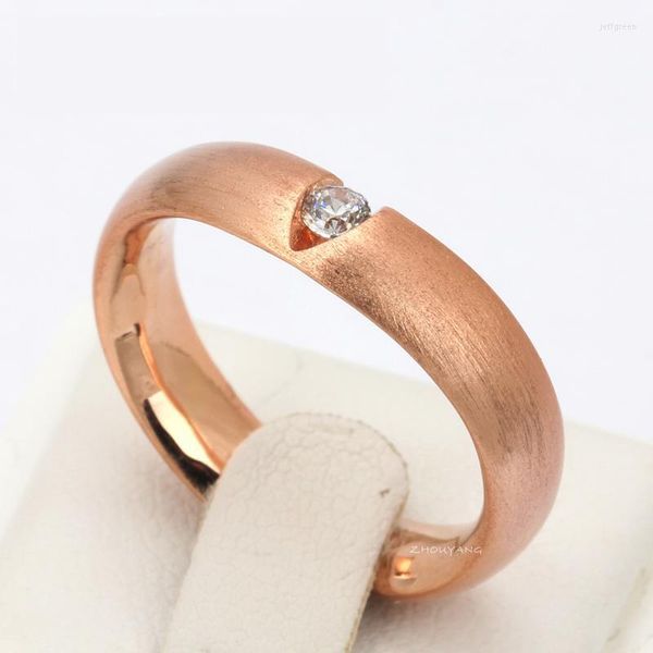 Anillos de boda ZHOUYANG Mujeres simples Top QualityCubic Zirconia Wire Drawing Process Rose Gold Color Lover's Ring Tamaños completos ZYR435 ZYR436