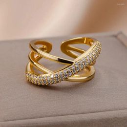 Bagues de mariage Zircon Double Cross Forme pour les femmes Gold Gold en acier inoxydable Rague de luxe Couple esthétique Cadeau de bijoux