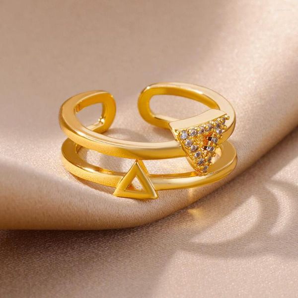 Anillos de boda Zircon Doble Triángulo para mujeres Chapado en oro Anillo geométrico de acero inoxidable Moda coreana Pareja Joyería