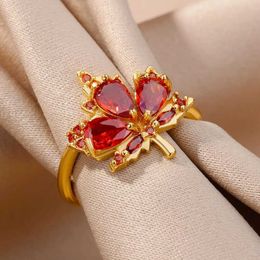 Anillos de boda Circón Anillos de hoja de arce para mujeres acero inoxidable Oro color abertura de planta anillo de boda coreana regalo judío